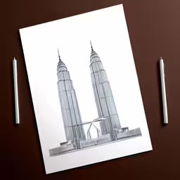 a postcard on the brown table has a drawing of a large building and two white crayons