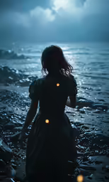 a woman is standing on the shore in a dress at night