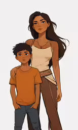 a woman with long hair and a boy in brown shirts