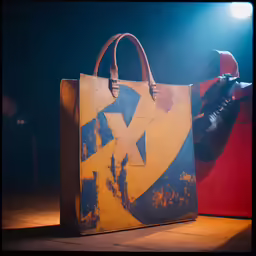 a bag with a red black and yellow design on it