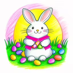 a painting of a white bunny sitting among easter eggs,a drawing of a bunny with an egg on the grass