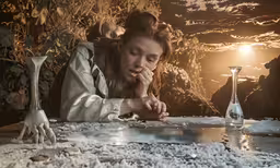 a woman touching her mouth next to salt and pepper shakers