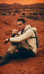 a man is crouched in the middle of a desert