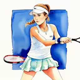 this is a girl tennis player who is about to hit the ball,a young girl hitting a tennis ball with her tennis racket,a tennis player in white shirt and green skirt with a racquet,a girl wearing a skirt and shirt with a tennis racket,watercolor drawing of a girl playing tennis on a white and blue background