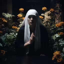 a nun is looking ahead while wearing a white headscarf