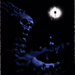 the statue is blue and the lights are on
