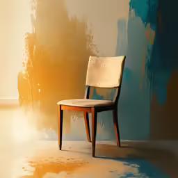 a chair against a wall with paint stains all over it