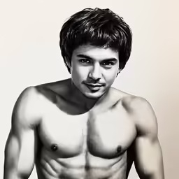 a male model posing with a smile on his face