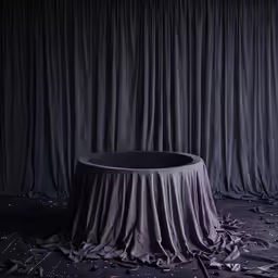 a round table in a dark room surrounded by leaves