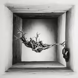 a wooden tree is in an empty space