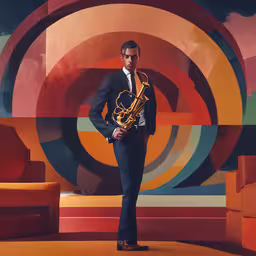 man wearing black suit standing with yellow and red decor,the man is standing near a brightly colored background