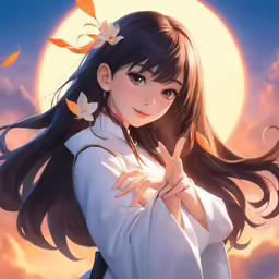 a cartoon girl with long dark hair standing in front of the moon