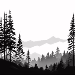 a line drawing of the trees and mountains