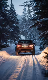 there is a suv parked on a snowy road