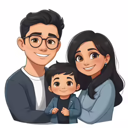 family picture with cartoon illustration of their parents and the child