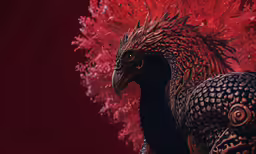 two ornate black birds with red feathers standing together