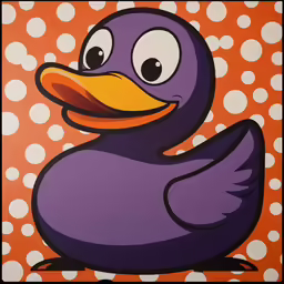 a large purple rubber ducky sitting on a brown surface