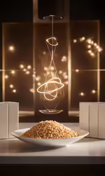 a plate of food with a string light hanging from the top