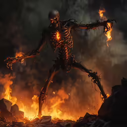 a skeleton dancing around a fire with flames behind it