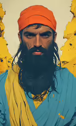 a man with a bright turban and blue shirt