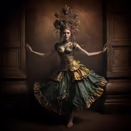 a woman wearing green and gold poses in an ornate dress