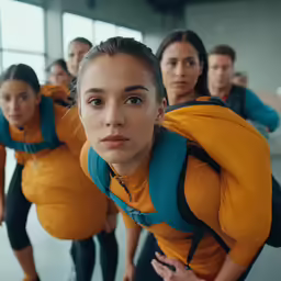 a group of people wearing yellow hoodies in front of a window
