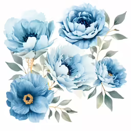 a bunch of blue flowers with leaves on it