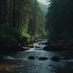 a stream with rocks under trees in a forest