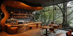 a wooden dining table with chairs next to a large glass window