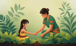 a painting of a girl holding the hands of a girl