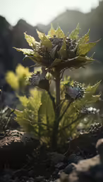a plant with yellow leaves that is on some rocks