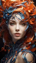 a woman with orange hair and blue feathers