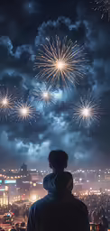 the person is standing under a fireworks show