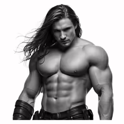 a shirtless young man with long hair, jeans and gloves