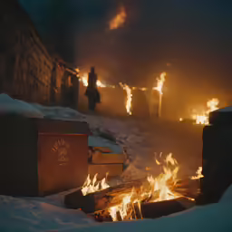 the man is walking through the flames during the night