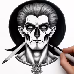a pencil drawing of a skeleton with long hair