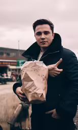 man with a grocery bag gives the finger sign