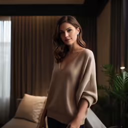 a woman is posing in front of the window with her arms outstretched