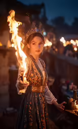the girl in a medieval costume is holding torches