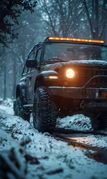 a pickup truck driving through the forest in winter