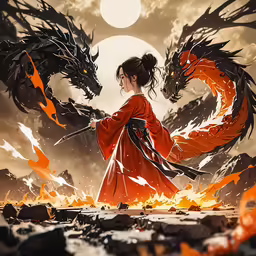 a girl with a sword and some fire