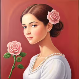 a painting of a woman holding a pink flower,an illustration of the likeness of a young woman