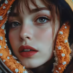 a woman with blue eyes and brown hair