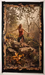 a woman standing on top of a pile of rocks