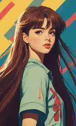 a painting of a woman with long hair,a girl with long hair standing against a colorful wall