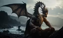 a black - headed demon with his hands in the air near rocks, by a body of water