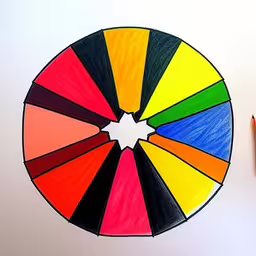 an art project with pencils and markers,colored pencils on a white paper with a drawing of a colorful wheel,a color wheel with pencils and a small box,the drawing has been colored with color pencils,a drawing of a colorful wheel of color on a paper