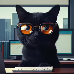 a black cat sitting in front of a computer