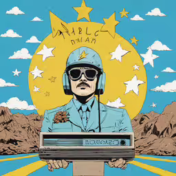 a man holding a laptop while standing in front of mountains,a man wearing sunglasses standing on top of a blue floor