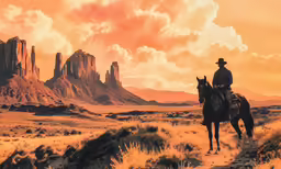 a painting of two cowboys riding horses in the desert